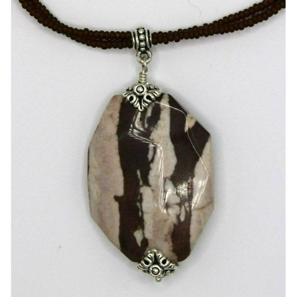 Unique Long Jasper Pendant Necklace Brown White Copper Silver Tone Toggle Clasp - Picture 3 of 6